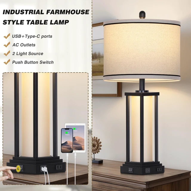 Alt view image 4 of 7 - 27inch Tall Bedside Table Lamps with Charging Ports for Living Room,Traditional Lamp with Night Light for Bedroom Nightstand,Single Black