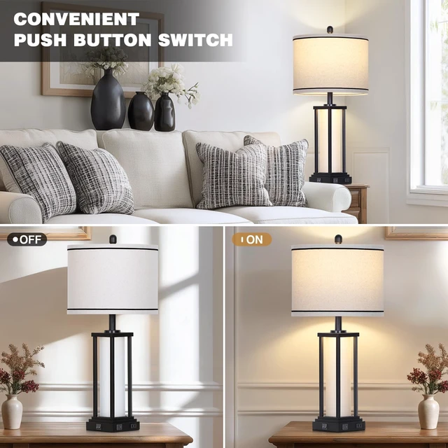 Alt view image 5 of 7 - 27inch Tall Bedside Table Lamps with Charging Ports for Living Room,Traditional Lamp with Night Light for Bedroom Nightstand,Single Black