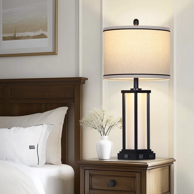 Alt view image 6 of 7 - 27inch Tall Bedside Table Lamps with Charging Ports for Living Room,Traditional Lamp with Night Light for Bedroom Nightstand,Single Black