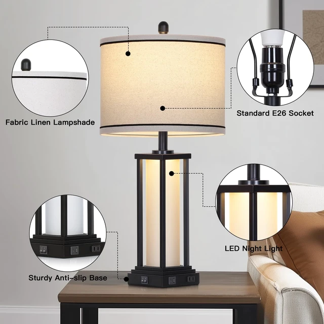 Alt view image 7 of 7 - 27inch Tall Bedside Table Lamps with Charging Ports for Living Room,Traditional Lamp with Night Light for Bedroom Nightstand,Single Black