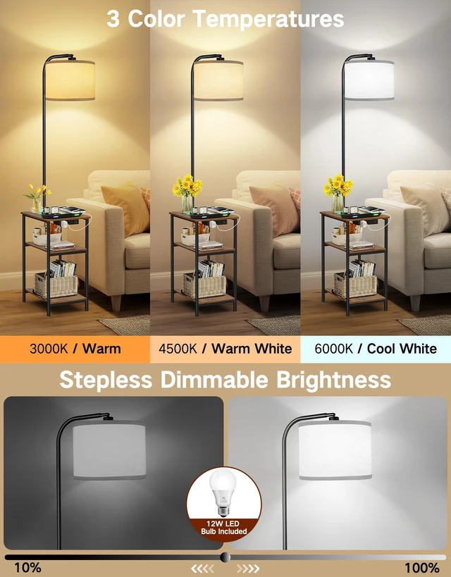 Alt view image 2 of 7 - Floor Lamp with Table & Remote, Side End Table with Charging Station, Dimmable Nightstand with 3 Color Temperatures, 1-Hour Timer, 12W LED Bulb, for Living Room, Bedroom