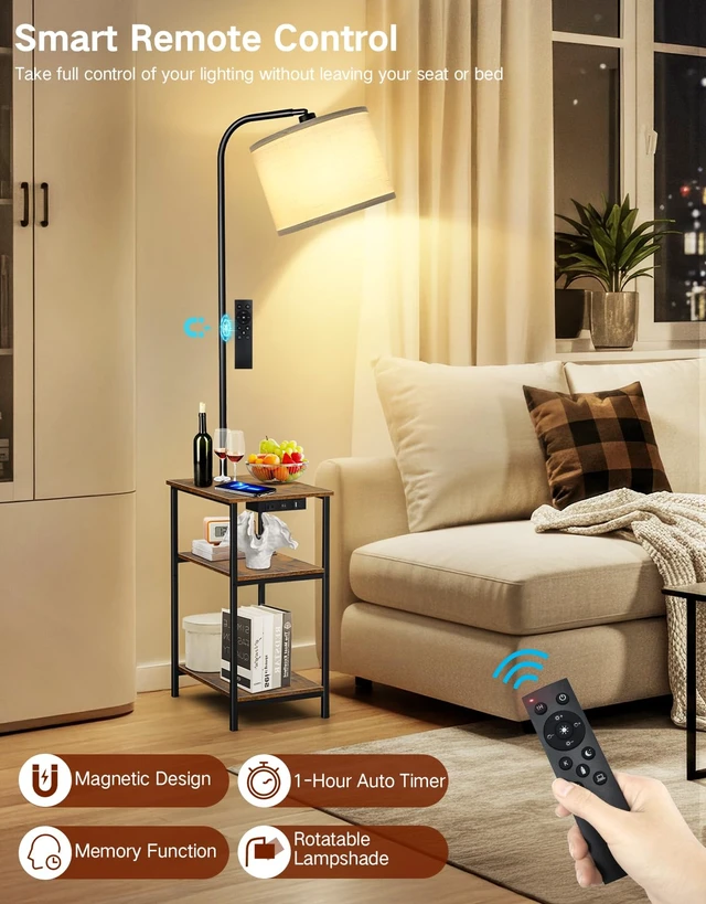 Alt view image 4 of 7 - Floor Lamp with Table & Remote, Side End Table with Charging Station, Dimmable Nightstand with 3 Color Temperatures, 1-Hour Timer, 12W LED Bulb, for Living Room, Bedroom