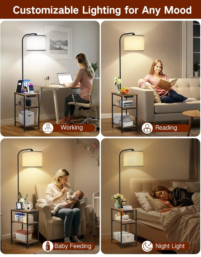 Alt view image 6 of 7 - Floor Lamp with Table & Remote, Side End Table with Charging Station, Dimmable Nightstand with 3 Color Temperatures, 1-Hour Timer, 12W LED Bulb, for Living Room, Bedroom