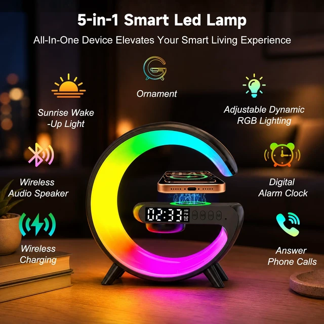 Alt view image 2 of 7 - 5 in 1 Smart LED Table Lamp with Wireless Charging, Bluetooth Speaker, Bedside Night Light, Sunrise Alarm Clock for Christmas Birthday Gifts for Girls Boys Teens Adults Desk Office Bedroom Home Decor