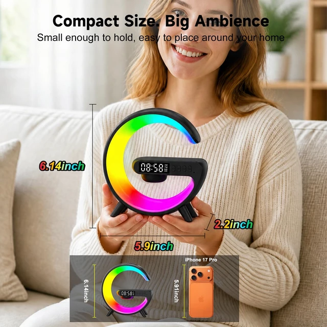 Alt view image 3 of 7 - 5 in 1 Smart LED Table Lamp with Wireless Charging, Bluetooth Speaker, Bedside Night Light, Sunrise Alarm Clock for Christmas Birthday Gifts for Girls Boys Teens Adults Desk Office Bedroom Home Decor