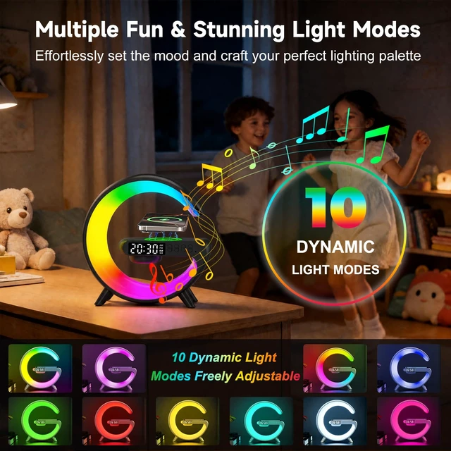 Alt view image 4 of 7 - 5 in 1 Smart LED Table Lamp with Wireless Charging, Bluetooth Speaker, Bedside Night Light, Sunrise Alarm Clock for Christmas Birthday Gifts for Girls Boys Teens Adults Desk Office Bedroom Home Decor
