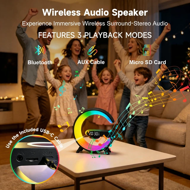 Alt view image 5 of 7 - 5 in 1 Smart LED Table Lamp with Wireless Charging, Bluetooth Speaker, Bedside Night Light, Sunrise Alarm Clock for Christmas Birthday Gifts for Girls Boys Teens Adults Desk Office Bedroom Home Decor