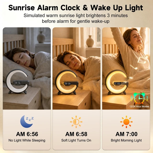 Alt view image 6 of 7 - 5 in 1 Smart LED Table Lamp with Wireless Charging, Bluetooth Speaker, Bedside Night Light, Sunrise Alarm Clock for Christmas Birthday Gifts for Girls Boys Teens Adults Desk Office Bedroom Home Decor