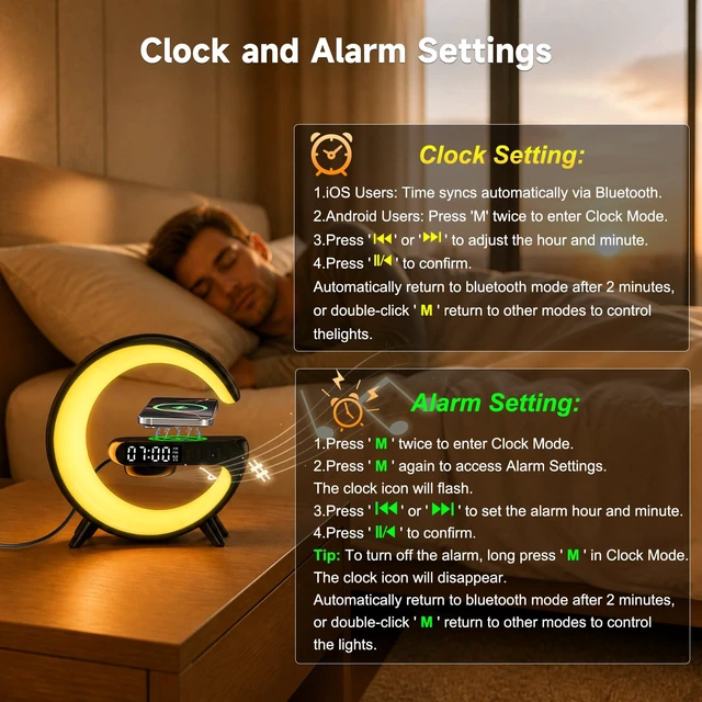 Alt view image 7 of 7 - 5 in 1 Smart LED Table Lamp with Wireless Charging, Bluetooth Speaker, Bedside Night Light, Sunrise Alarm Clock for Christmas Birthday Gifts for Girls Boys Teens Adults Desk Office Bedroom Home Decor