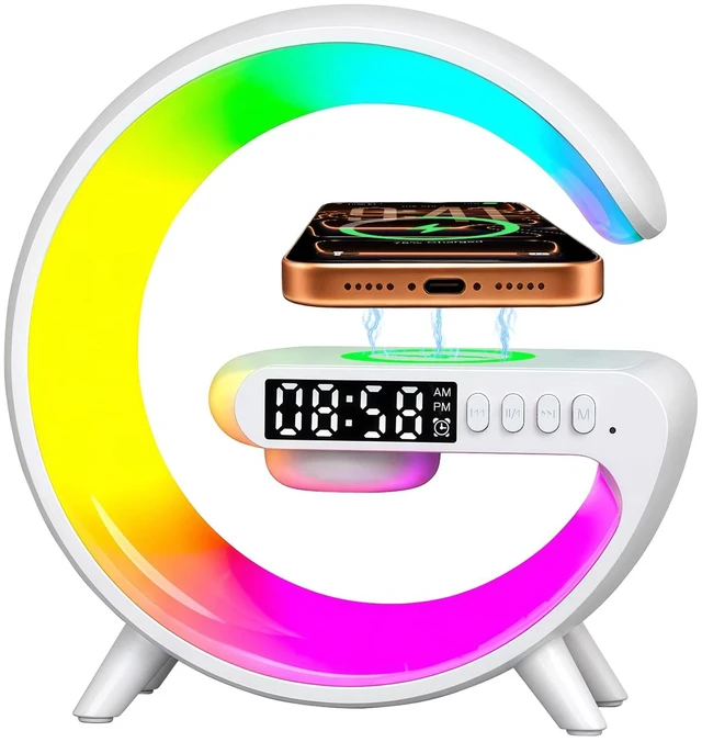 Main image of 5-in-1 Smart LED Table Lamp with Wireless Charger, Bluetooth Speaker, Alarm Clock, Night Light, Bedside Lamp Charging Station for Bedroom Nightstand Dorm Desk, Home Decor, Gifts for Teen Boys Girls