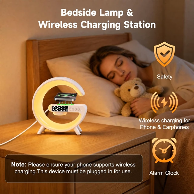 Alt view image 2 of 7 - 5-in-1 Smart LED Table Lamp with Wireless Charger, Bluetooth Speaker, Alarm Clock, Night Light, Bedside Lamp Charging Station for Bedroom Nightstand Dorm Desk, Home Decor, Gifts for Teen Boys Girls