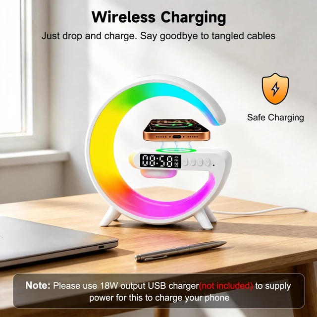 Alt view image 5 of 7 - 5-in-1 Smart LED Table Lamp with Wireless Charger, Bluetooth Speaker, Alarm Clock, Night Light, Bedside Lamp Charging Station for Bedroom Nightstand Dorm Desk, Home Decor, Gifts for Teen Boys Girls