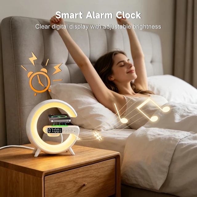 Alt view image 6 of 7 - 5-in-1 Smart LED Table Lamp with Wireless Charger, Bluetooth Speaker, Alarm Clock, Night Light, Bedside Lamp Charging Station for Bedroom Nightstand Dorm Desk, Home Decor, Gifts for Teen Boys Girls