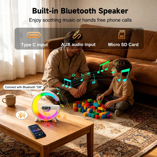 Alt view image 7 of 7 - 5-in-1 Smart LED Table Lamp with Wireless Charger, Bluetooth Speaker, Alarm Clock, Night Light, Bedside Lamp Charging Station for Bedroom Nightstand Dorm Desk, Home Decor, Gifts for Teen Boys Girls