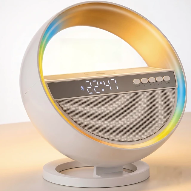 Main image of 6-in-1 RGB LED Table Lamp with Bluetooth Speaker & Wireless Charging | 15W Wireless Charging, Bluetooth 5.3 Speaker, Digital Alarm Clock with Time Display, Dimmable RGB Light, Bedroom, Home