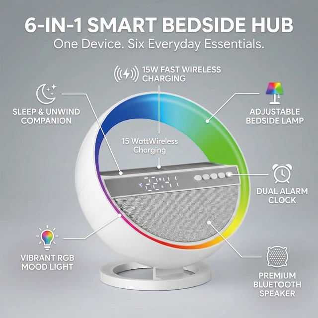 Alt view image 3 of 7 - 6-in-1 RGB LED Table Lamp with Bluetooth Speaker & Wireless Charging | 15W Wireless Charging, Bluetooth 5.3 Speaker, Digital Alarm Clock with Time Display, Dimmable RGB Light, Bedroom, Home