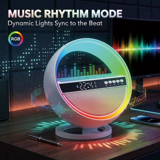 Alt view image 4 of 7 - 6-in-1 RGB LED Table Lamp with Bluetooth Speaker & Wireless Charging | 15W Wireless Charging, Bluetooth 5.3 Speaker, Digital Alarm Clock with Time Display, Dimmable RGB Light, Bedroom, Home