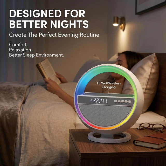 Alt view image 5 of 7 - 6-in-1 RGB LED Table Lamp with Bluetooth Speaker & Wireless Charging | 15W Wireless Charging, Bluetooth 5.3 Speaker, Digital Alarm Clock with Time Display, Dimmable RGB Light, Bedroom, Home