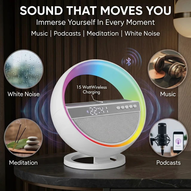 Alt view image 6 of 7 - 6-in-1 RGB LED Table Lamp with Bluetooth Speaker & Wireless Charging | 15W Wireless Charging, Bluetooth 5.3 Speaker, Digital Alarm Clock with Time Display, Dimmable RGB Light, Bedroom, Home