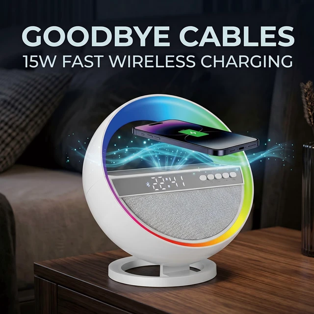 Alt view image 7 of 7 - 6-in-1 RGB LED Table Lamp with Bluetooth Speaker & Wireless Charging | 15W Wireless Charging, Bluetooth 5.3 Speaker, Digital Alarm Clock with Time Display, Dimmable RGB Light, Bedroom, Home