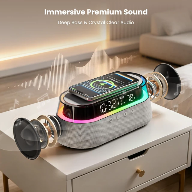 Alt view image 4 of 7 - 6-in-1 Fast Wireless Charger, Bluetooth Speaker Alarm Clock with Remote | 15W Fast Charging, FM Radio, Dimmable LED Night Light, Dual Digital Clock for Bedroom Home Office, Gifts for Men Women