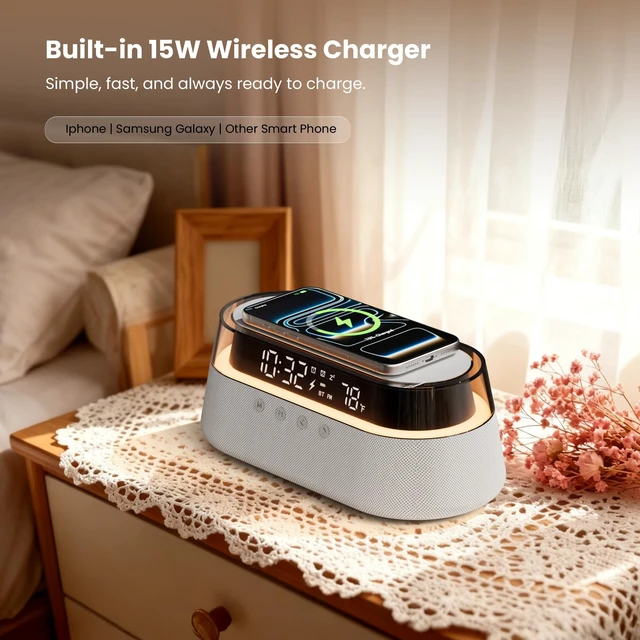 Alt view image 3 of 7 - 6-in-1 Fast Wireless Charger, Bluetooth Speaker Alarm Clock with Remote | 15W Fast Charging, FM Radio, Dimmable LED Night Light, Dual Digital Clock for Bedroom Home Office, Gifts for Men Women