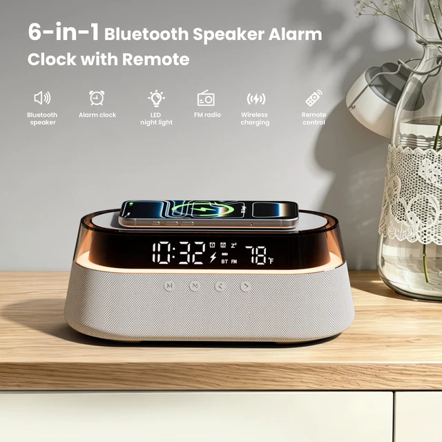 Alt view image 6 of 7 - 6-in-1 Fast Wireless Charger, Bluetooth Speaker Alarm Clock with Remote | 15W Fast Charging, FM Radio, Dimmable LED Night Light, Dual Digital Clock for Bedroom Home Office, Gifts for Men Women