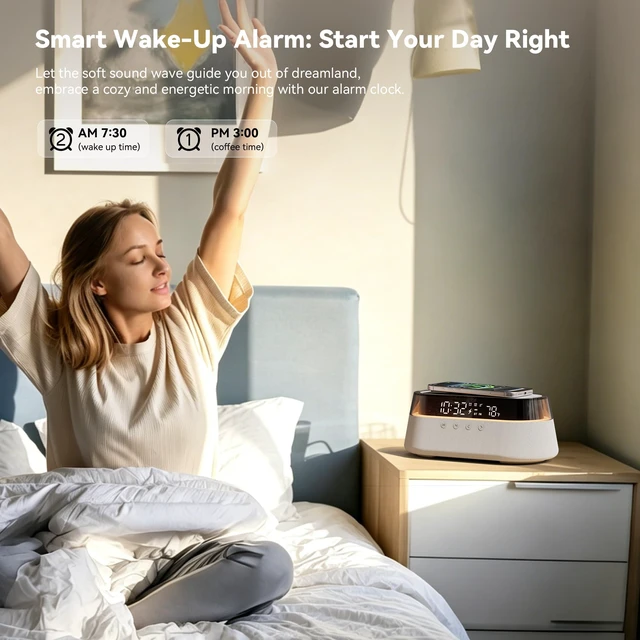 Alt view image 2 of 7 - 6-in-1 Fast Wireless Charger, Bluetooth Speaker Alarm Clock with Remote | 15W Fast Charging, FM Radio, Dimmable LED Night Light, Dual Digital Clock for Bedroom Home Office, Gifts for Men Women