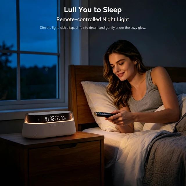 Alt view image 7 of 7 - 6-in-1 Fast Wireless Charger, Bluetooth Speaker Alarm Clock with Remote | 15W Fast Charging, FM Radio, Dimmable LED Night Light, Dual Digital Clock for Bedroom Home Office, Gifts for Men Women
