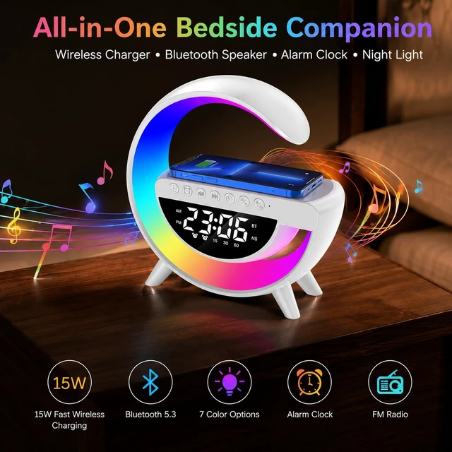 Alt view image 2 of 7 - Wireless Charging Lamp with Bluetooth Speaker, Alarm Clock & RGB Light | 15W Qi charging, Bluetooth 5.3 audio, 7-color light, dual alarms, white noise and FM radio in one bedside device.
