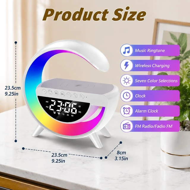 Alt view image 3 of 7 - Wireless Charging Lamp with Bluetooth Speaker, Alarm Clock & RGB Light | 15W Qi charging, Bluetooth 5.3 audio, 7-color light, dual alarms, white noise and FM radio in one bedside device.