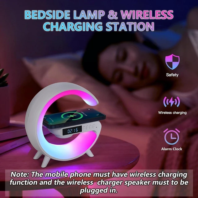 Alt view image 2 of 6 - Mini Wireless Speaker with Bluetooth Lamp, Atmosphere Lamp, Wireless Charging, Alarm Clock,Smart LED Table Lamp, Night Light, Birthday Gifts for Girls Boys Party Aged 4-12 (White)