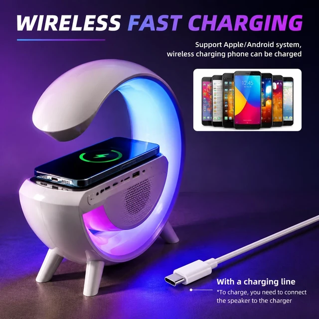 Alt view image 5 of 7 - Wireless Charging Lamp with Bluetooth Speaker, Alarm Clock & RGB Light | 15W Qi charging, Bluetooth 5.3 audio, 7-color light, dual alarms, white noise and FM radio in one bedside device.