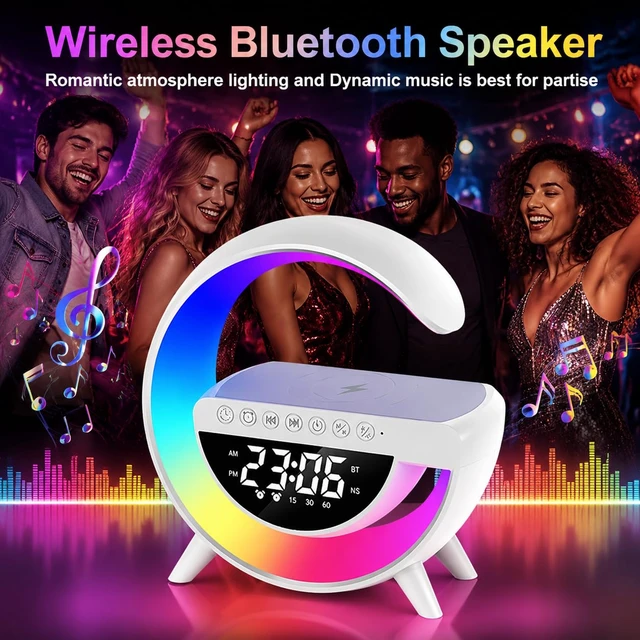 Alt view image 6 of 7 - Wireless Charging Lamp with Bluetooth Speaker, Alarm Clock & RGB Light | 15W Qi charging, Bluetooth 5.3 audio, 7-color light, dual alarms, white noise and FM radio in one bedside device.