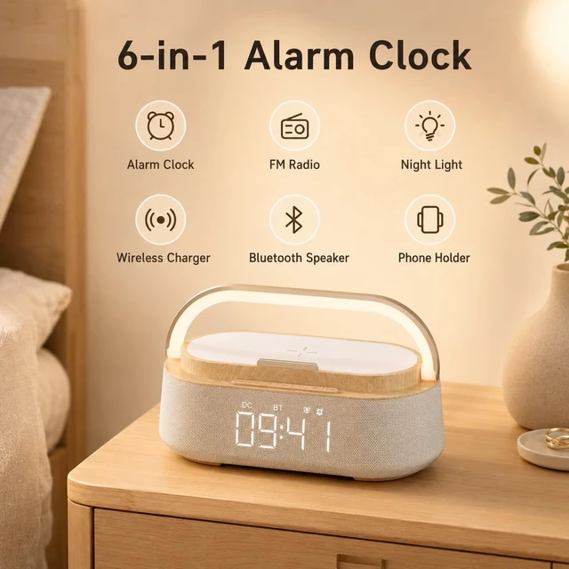 Alt view image 2 of 7 - Digital Alarm Clock Bluetooth Speaker,Wireless Charger FM Radio,NightLight | 6 in 1 Bedroom Alarm Clock with Snooze,15W Wireless Charger 12/24H,Phone Holder 2500mAh battery for Home Office,Ideal Gifts