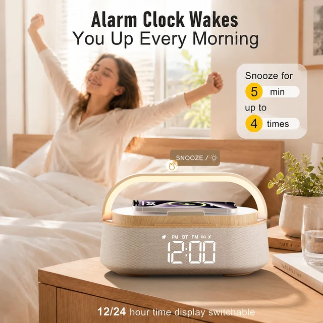 Alt view image 3 of 7 - Digital Alarm Clock Bluetooth Speaker,Wireless Charger FM Radio,NightLight | 6 in 1 Bedroom Alarm Clock with Snooze,15W Wireless Charger 12/24H,Phone Holder 2500mAh battery for Home Office,Ideal Gifts