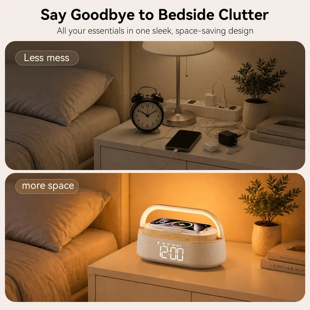 Alt view image 4 of 7 - Digital Alarm Clock Bluetooth Speaker,Wireless Charger FM Radio,NightLight | 6 in 1 Bedroom Alarm Clock with Snooze,15W Wireless Charger 12/24H,Phone Holder 2500mAh battery for Home Office,Ideal Gifts