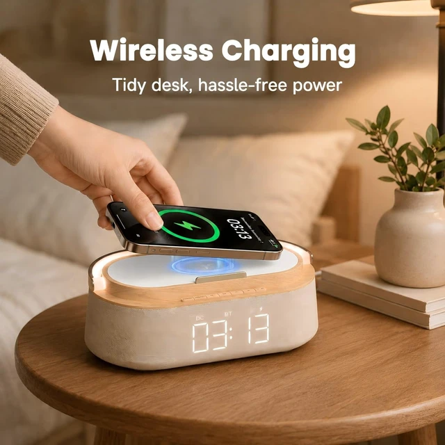 Alt view image 5 of 7 - Digital Alarm Clock Bluetooth Speaker,Wireless Charger FM Radio,NightLight | 6 in 1 Bedroom Alarm Clock with Snooze,15W Wireless Charger 12/24H,Phone Holder 2500mAh battery for Home Office,Ideal Gifts