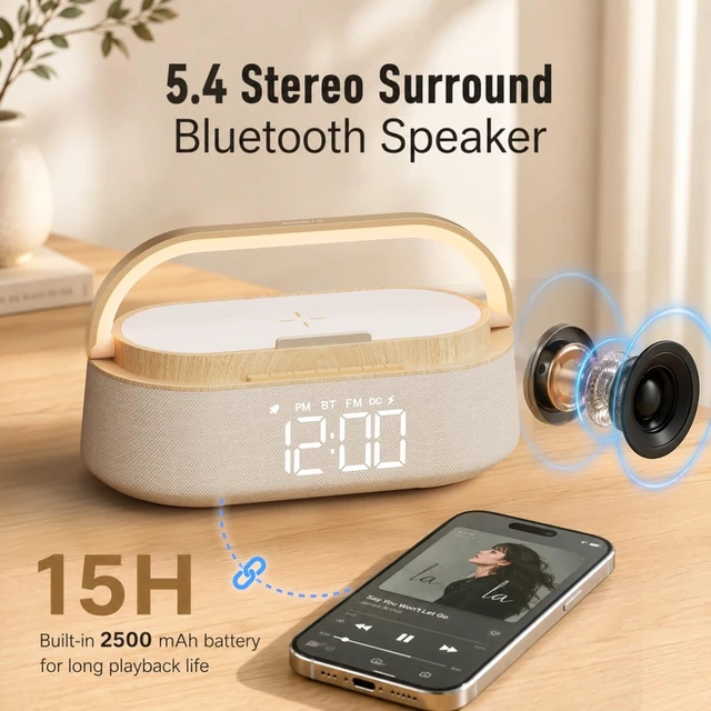 Alt view image 6 of 7 - Digital Alarm Clock Bluetooth Speaker,Wireless Charger FM Radio,NightLight | 6 in 1 Bedroom Alarm Clock with Snooze,15W Wireless Charger 12/24H,Phone Holder 2500mAh battery for Home Office,Ideal Gifts