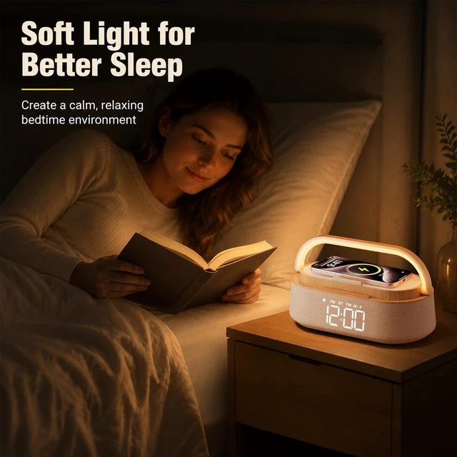 Alt view image 7 of 7 - Digital Alarm Clock Bluetooth Speaker,Wireless Charger FM Radio,NightLight | 6 in 1 Bedroom Alarm Clock with Snooze,15W Wireless Charger 12/24H,Phone Holder 2500mAh battery for Home Office,Ideal Gifts