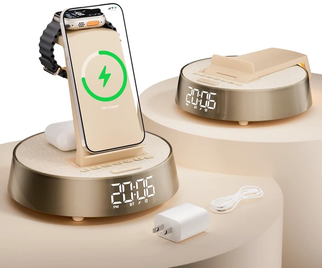 Main image of 6 in 1 Wireless Charging Station with Bedroom Alarm Clock,Bluetooth Speaker Foldable Charger Stand with Night Light, FM Radio Applicable to iPhone Samsung, Apple Watch, AirPods for Home Office, Gifts