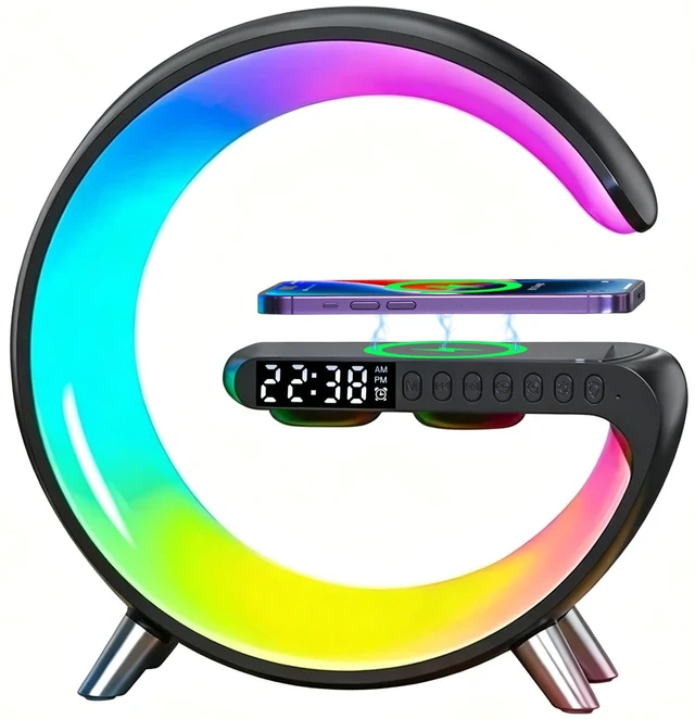Main image of 4 In 1 Smart LED Table Lamp, Alarm Clock, Bluetooth Speaker, Wireless Charger, App Control Night Light Bedside Lamp with Fast Charging Station for Bedroom, Home Decor, Family, Teen Girls Boys Gifts