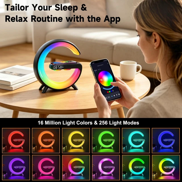 Alt view image 3 of 7 - 4 In 1 Smart LED Table Lamp, Alarm Clock, Bluetooth Speaker, Wireless Charger, App Control Night Light Bedside Lamp with Fast Charging Station for Bedroom, Home Decor, Family, Teen Girls Boys Gifts