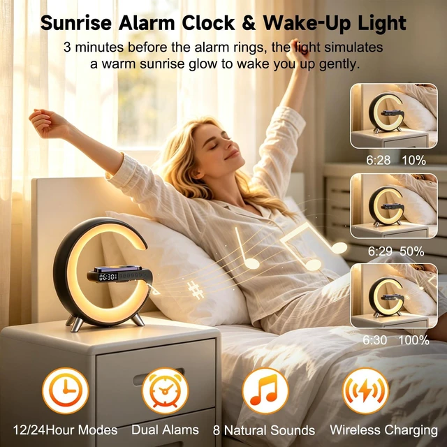 Alt view image 4 of 7 - 4 In 1 Smart LED Table Lamp, Alarm Clock, Bluetooth Speaker, Wireless Charger, App Control Night Light Bedside Lamp with Fast Charging Station for Bedroom, Home Decor, Family, Teen Girls Boys Gifts