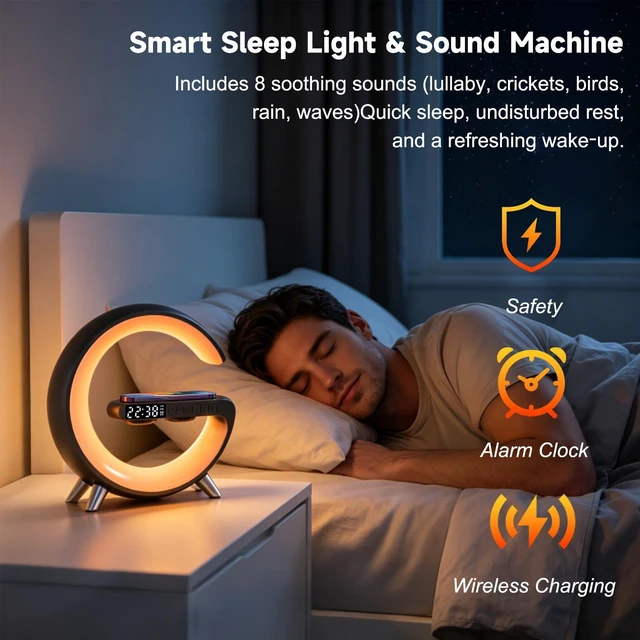 Alt view image 5 of 7 - 4 In 1 Smart LED Table Lamp, Alarm Clock, Bluetooth Speaker, Wireless Charger, App Control Night Light Bedside Lamp with Fast Charging Station for Bedroom, Home Decor, Family, Teen Girls Boys Gifts
