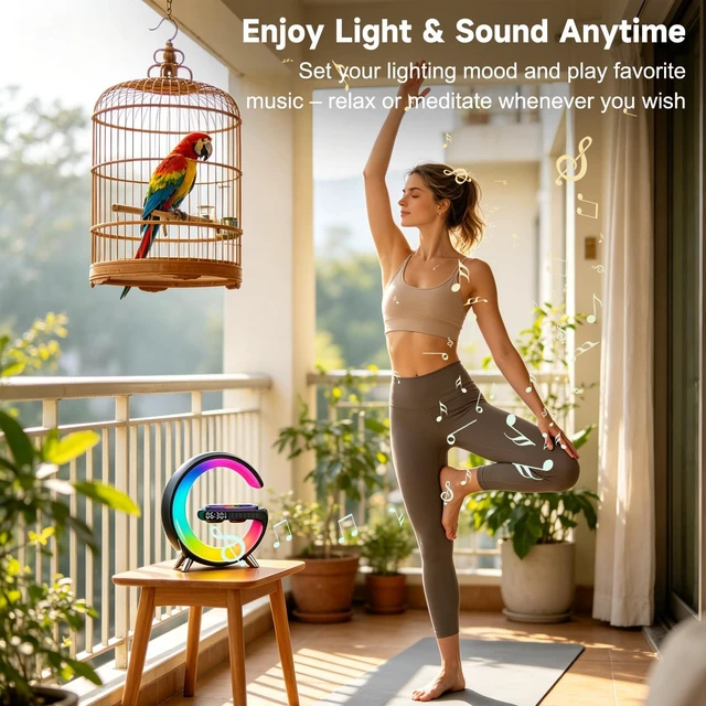 Alt view image 6 of 7 - 4 In 1 Smart LED Table Lamp, Alarm Clock, Bluetooth Speaker, Wireless Charger, App Control Night Light Bedside Lamp with Fast Charging Station for Bedroom, Home Decor, Family, Teen Girls Boys Gifts