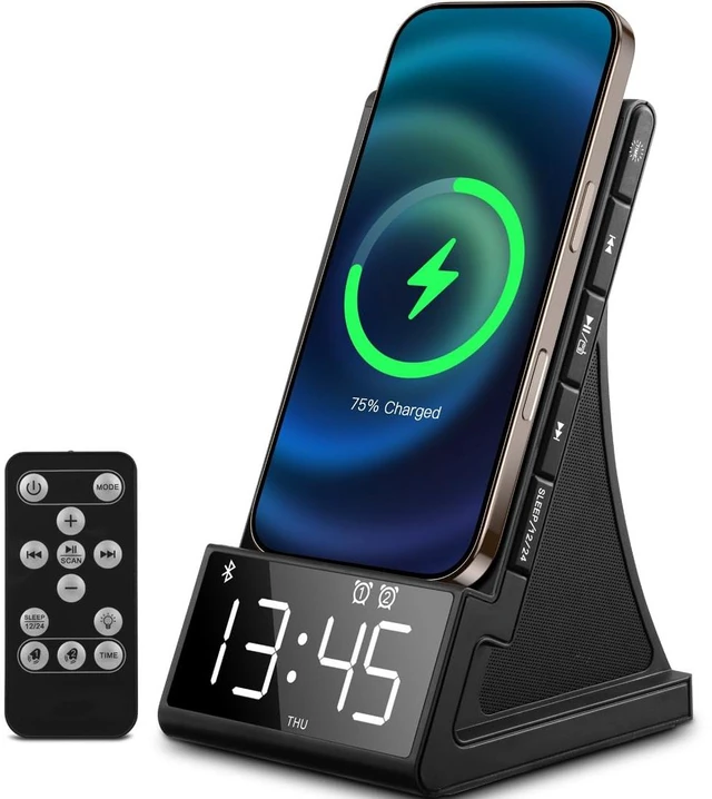 Main image of 8-in-1 Wireless Charger, Alarm Clock, Bluetooth Speaker & FM Radio | Fast Qi Charging, Bluetooth 5.1, Dual 5W Speakers and Remote; Works with Most Nonmetal Cases up to 5mm for iPhone and Samsung