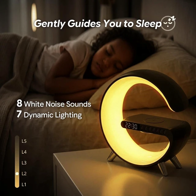 Alt view image 4 of 7 - Smart LED Table Lamp,4-in-1 Wireless Charger with Speaker,Night Light, Alarm Clock, and Bluetooth Speaker with App Control for Bedroom and Home Decor (Black, Large)