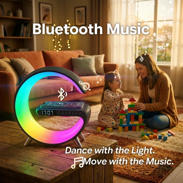 Alt view image 3 of 7 - Smart LED Table Lamp,4-in-1 Wireless Charger with Speaker,Night Light, Alarm Clock, and Bluetooth Speaker with App Control for Bedroom and Home Decor (Black, Large)