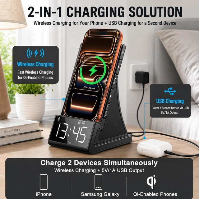 Alt view image 2 of 7 - 8-in-1 Wireless Charger, Alarm Clock, Bluetooth Speaker & FM Radio | Fast Qi Charging, Bluetooth 5.1, Dual 5W Speakers and Remote; Works with Most Nonmetal Cases up to 5mm for iPhone and Samsung